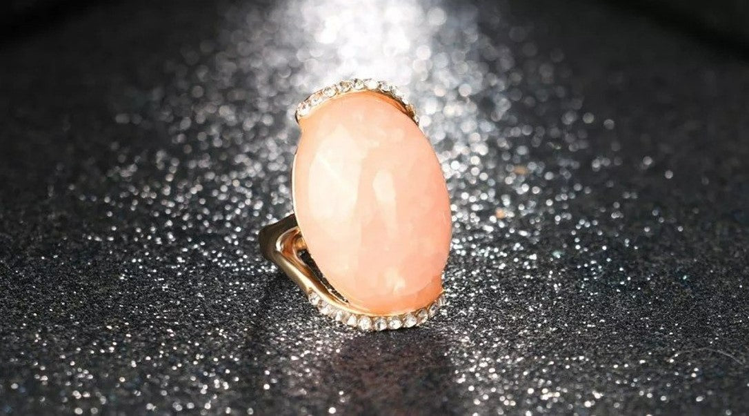 Big Oval Pink Epoxy Mosaic Antique Gold Vintage Ring