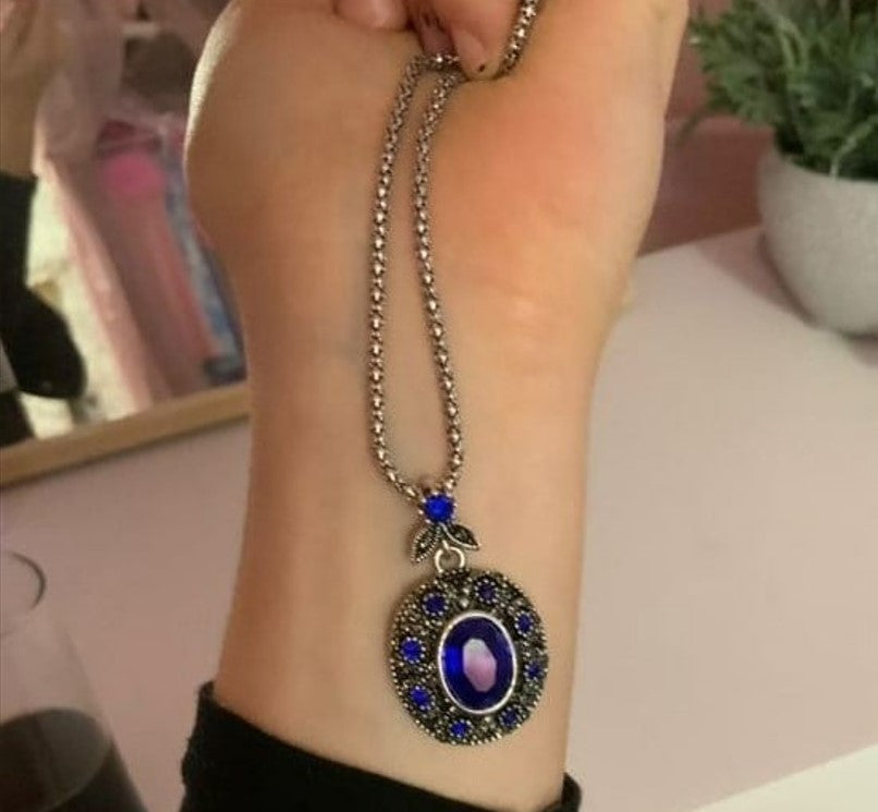Vintage Boho Tibetan 925 FS Silver Blue Pendant Necklace & Chain