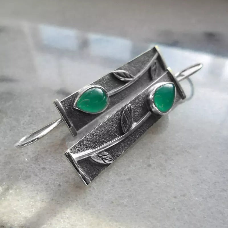 Bohemian Green Water Drop Leaf Silver Hook Earrings