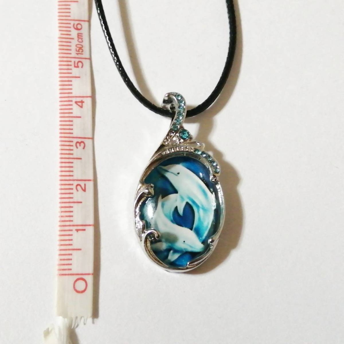 Swimming Blue Dolphins Ocean Waves Silver Charm Necklace