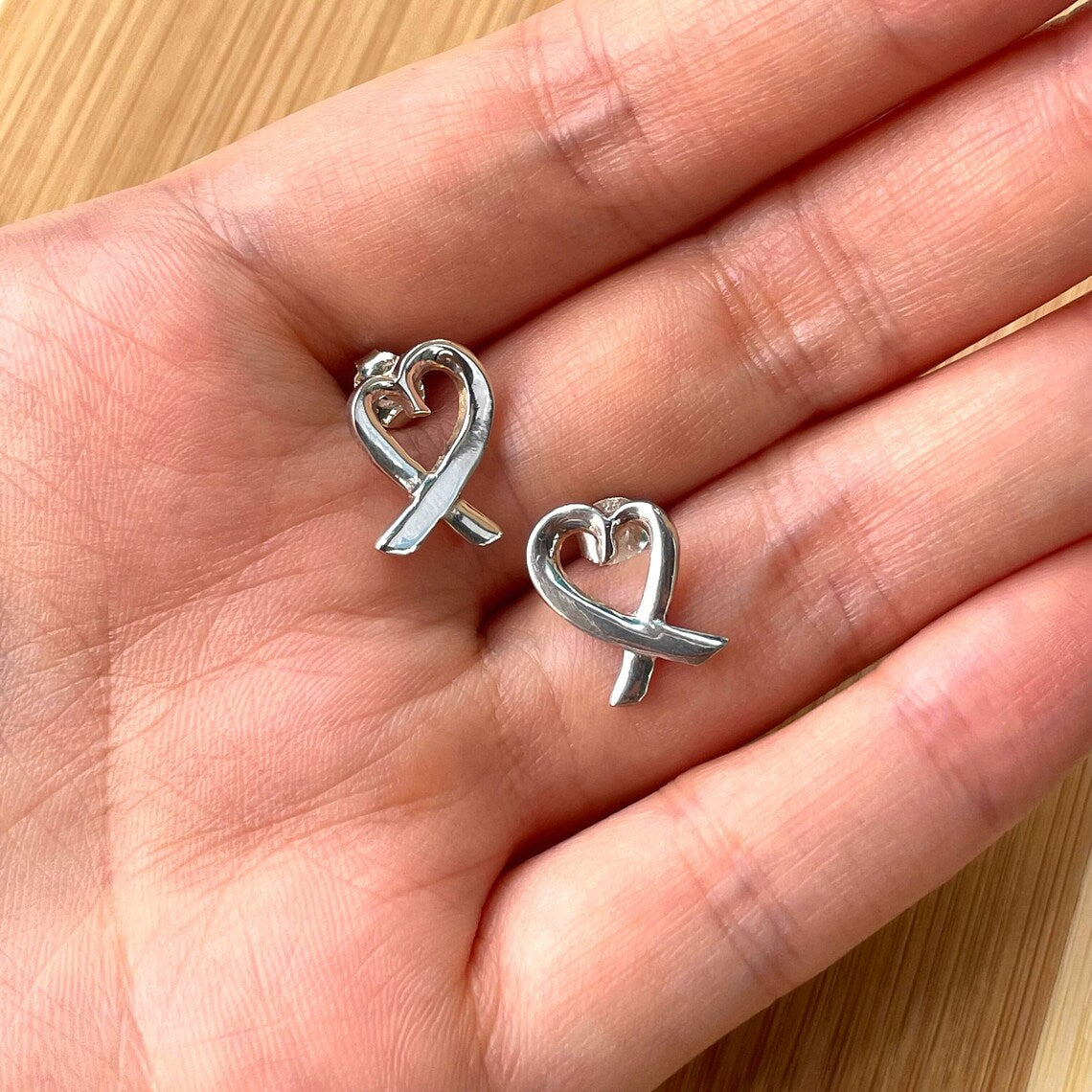 Silver Open Heart Ribbon Stud Earrings