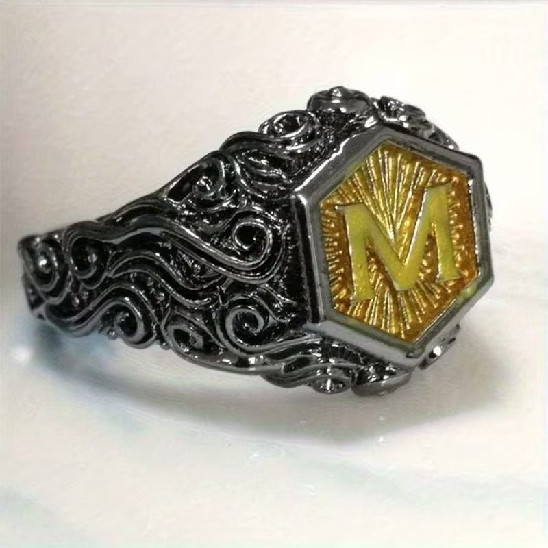 Men's Midnight Sovereign Letter “M” Carved Crest with Gold Emblem Ring