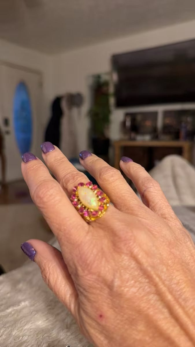 Purple Amethyst Crystals & White Opal Marquise Gold Halo Ring