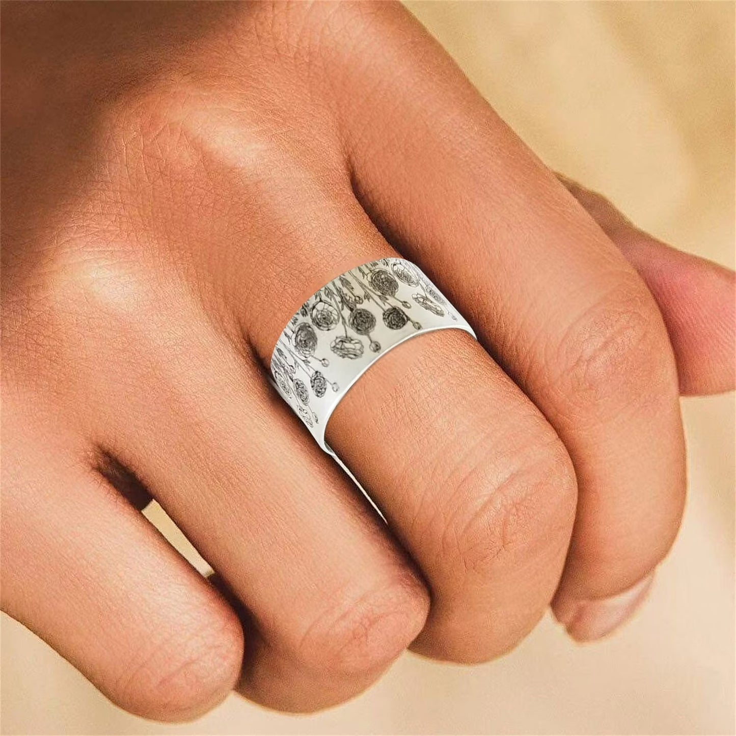 Engraved Dandelion Wildflowers Silver Wide Band Ring