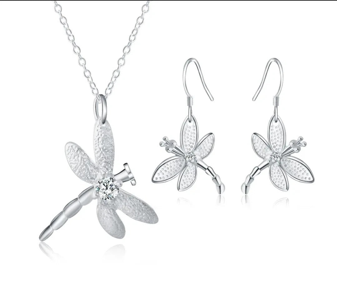 Dragonfly Pendant Necklace & Sterling Silver Earring Set