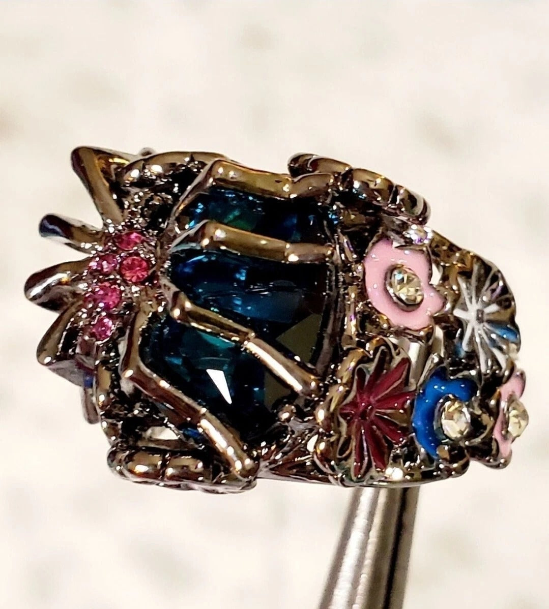 Handmade Wicked Spider Blue Crystal Flower Ring
