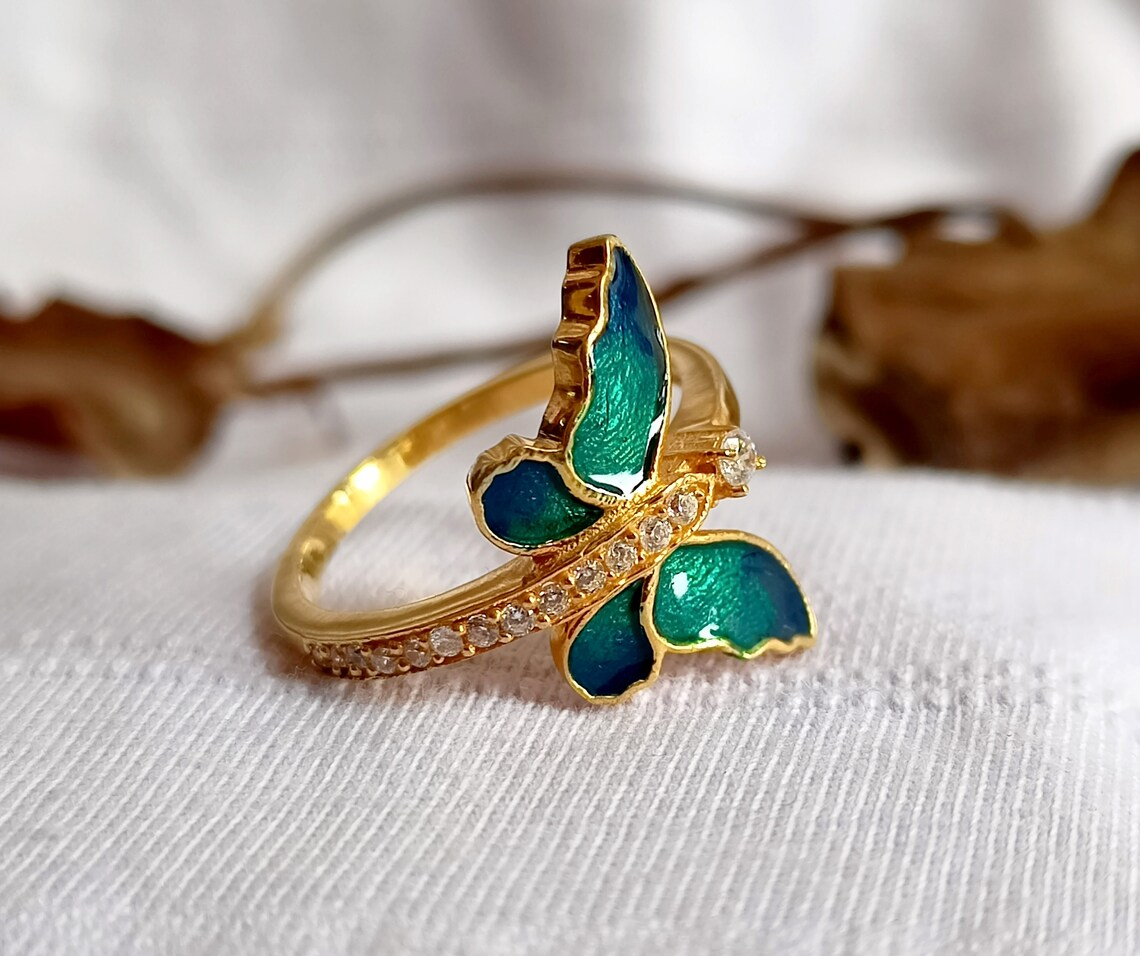 Blue Butterfly Enamel Gold Ring