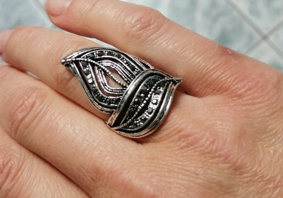 Vintage 31mm Multilayer Gray Rhinestone Antique Silver Ring