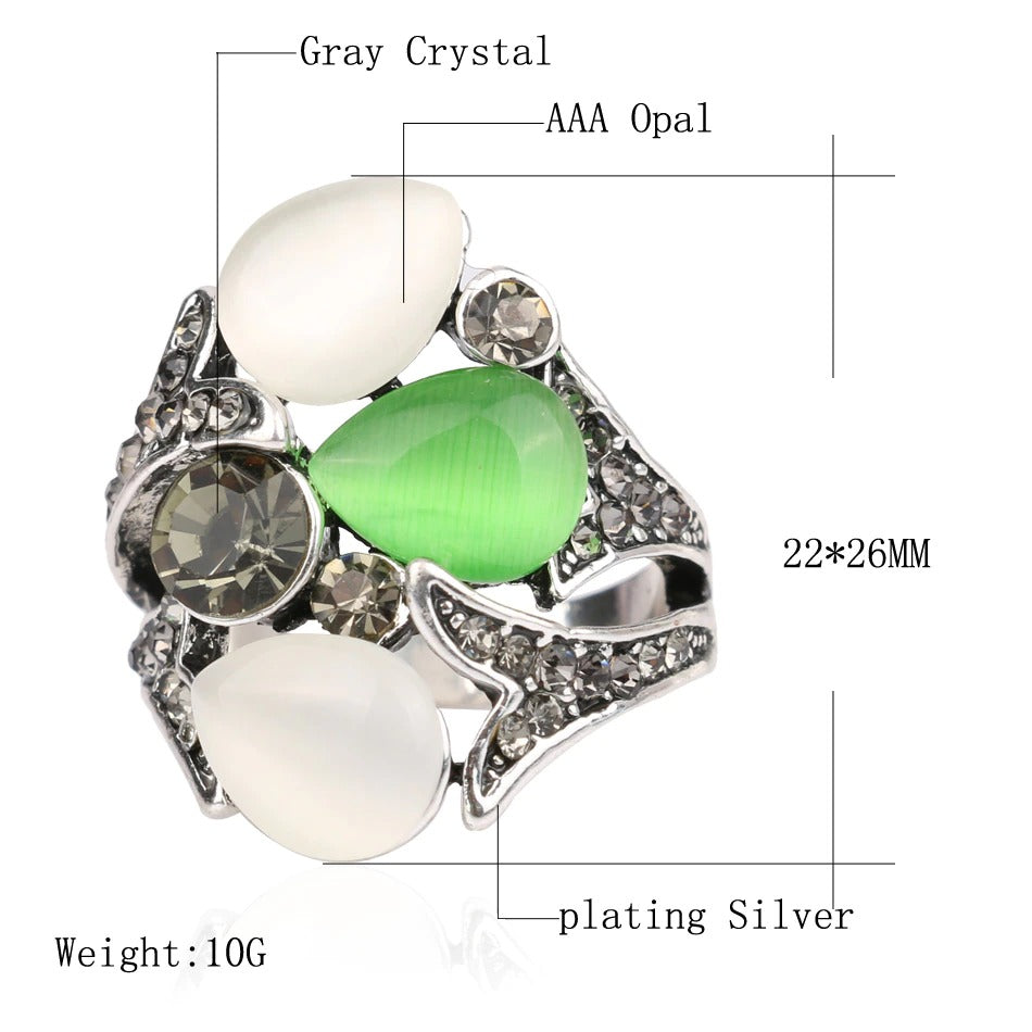 Handmade Bohemia Green White Opal Cluster Silver Vintage Ring
