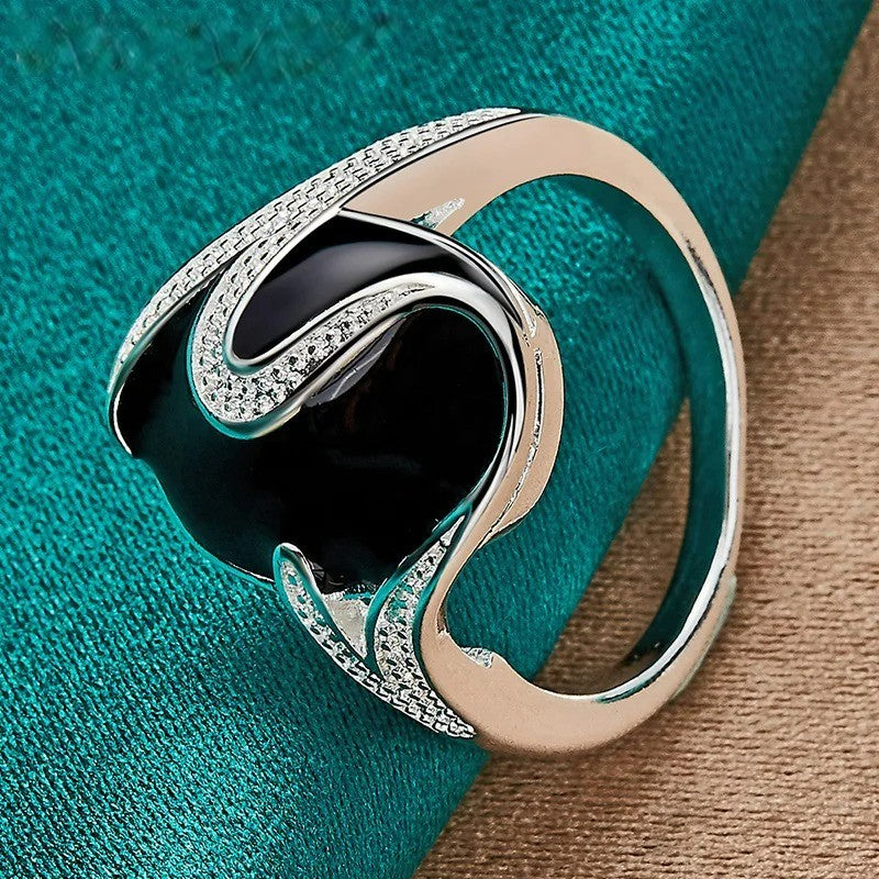 925 Sterling Silver Ellipse Anillo Oval Black Enamel Ring