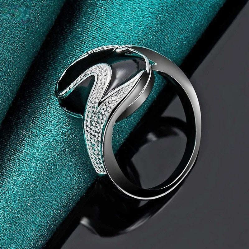 925 Sterling Silver Ellipse Anillo Oval Black Enamel Ring