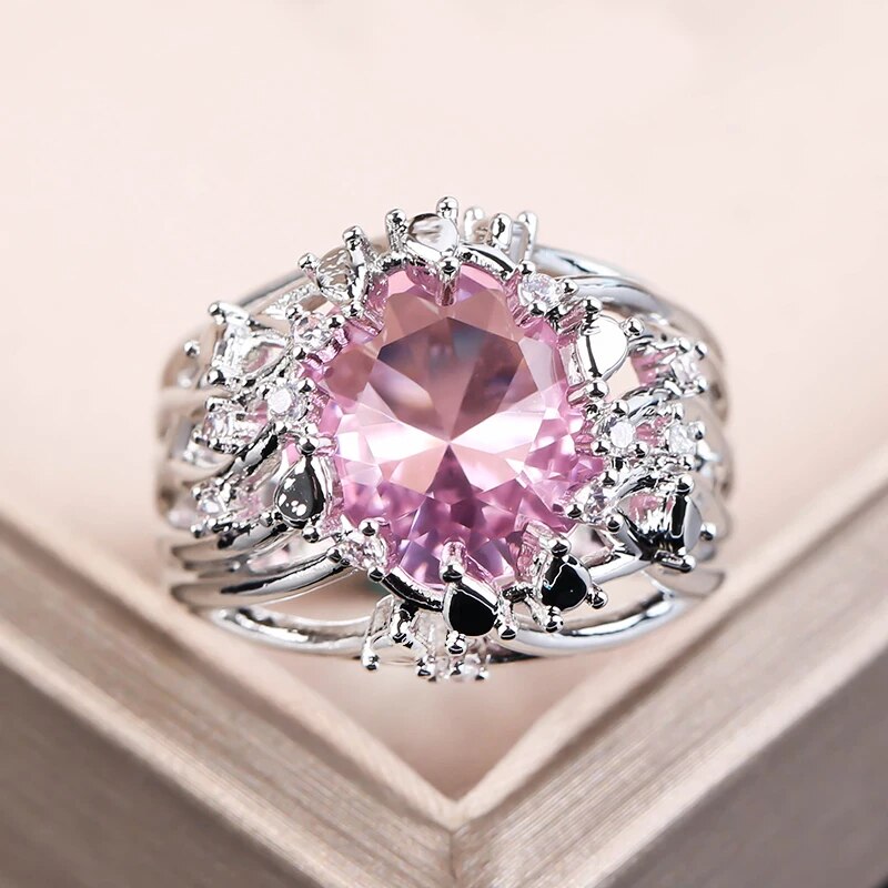 Huge Inlaid Pink Topaz Exaggerated Hollow Branch Ring