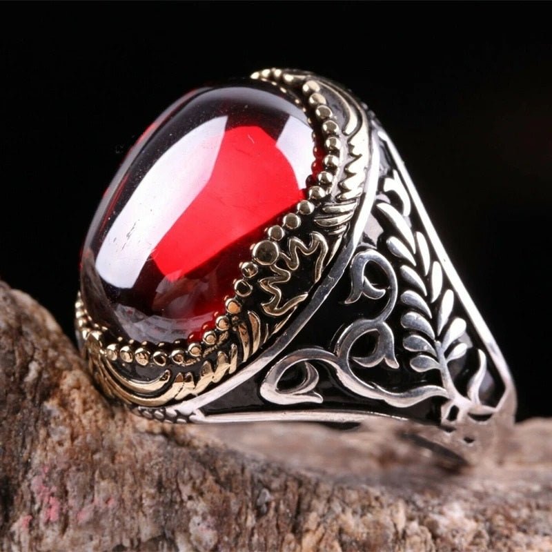 Men's Vintage Turkish Crown Red Two Tone Ring