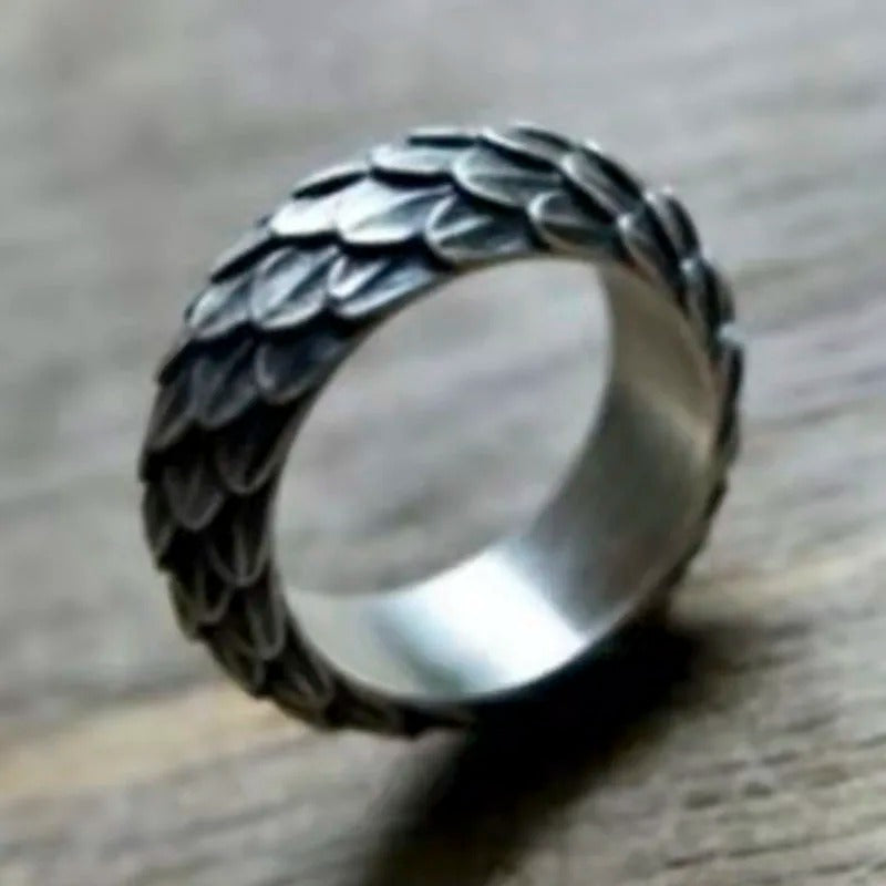 Men's Retro Dragon Scale Feather Vintage Silver Ring