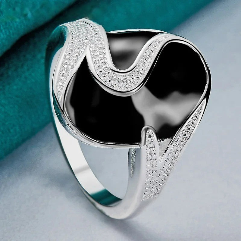925 Sterling Silver Ellipse Anillo Oval Black Enamel Ring