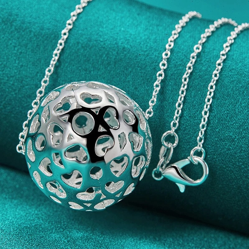 Hollow Heart Ball Sphere Pendant Silver Necklace & 18" Chain