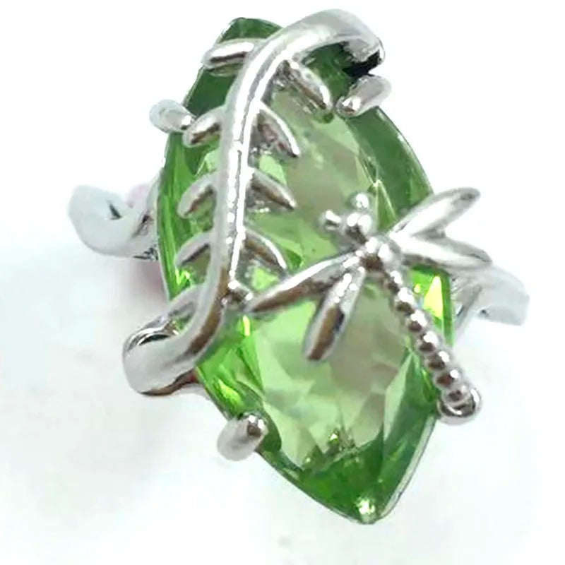 Sterling Silver Green Marquise Olive Dragonfly Ring