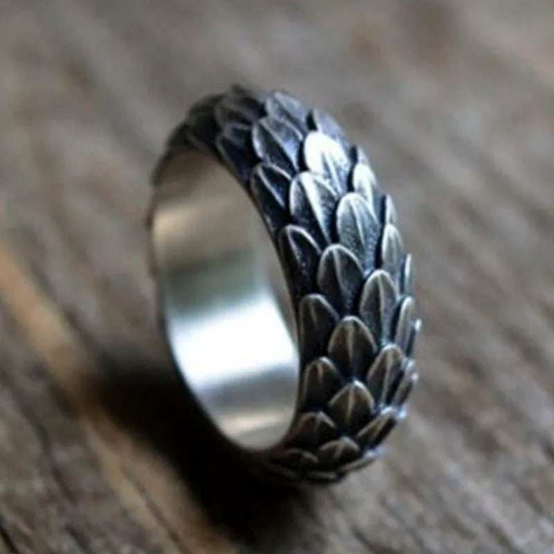 Men's Retro Dragon Scale Feather Vintage Silver Ring