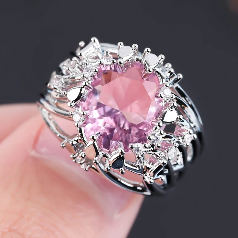 Huge Inlaid Pink Topaz Exaggerated Hollow Branch Ring