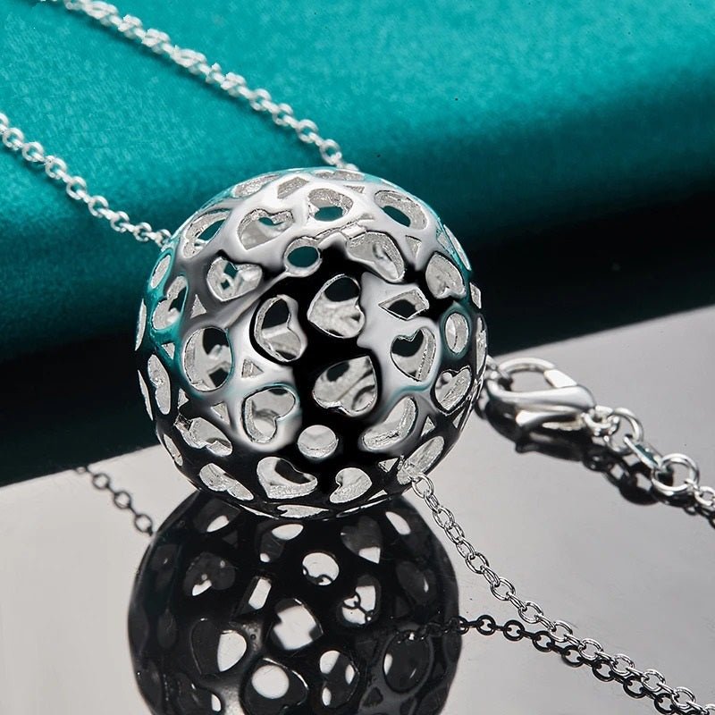 Hollow Heart Ball Sphere Pendant Silver Necklace & 18" Chain
