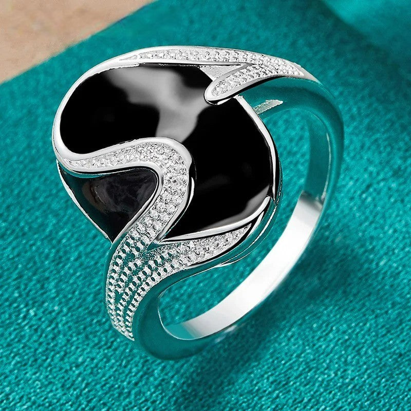 925 Sterling Silver Ellipse Anillo Oval Black Enamel Ring