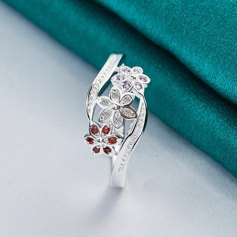 925 Sterling Silver Multi-Colored Topaz Flower Ring