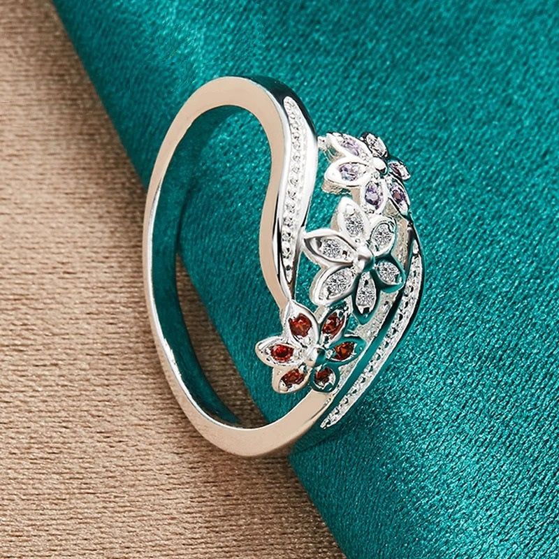 925 Sterling Silver Multi-Colored Topaz Flower Ring