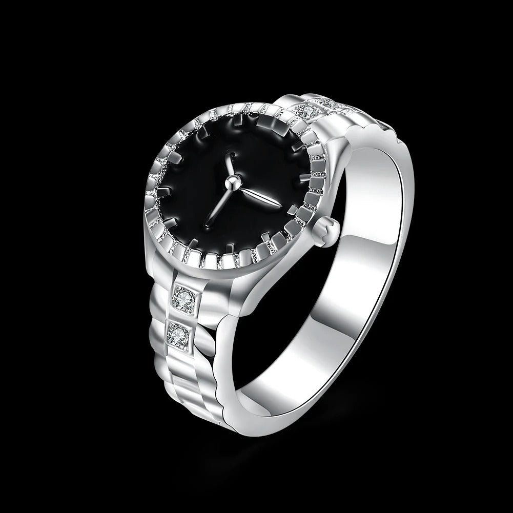 925 Sterling Silver Analog Watch Shaped Clock Ring