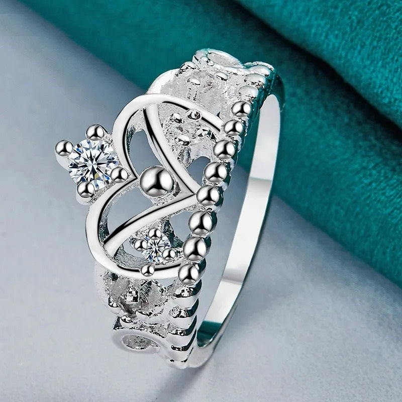 925 Sterling Silver Queen Crown Charms Ring