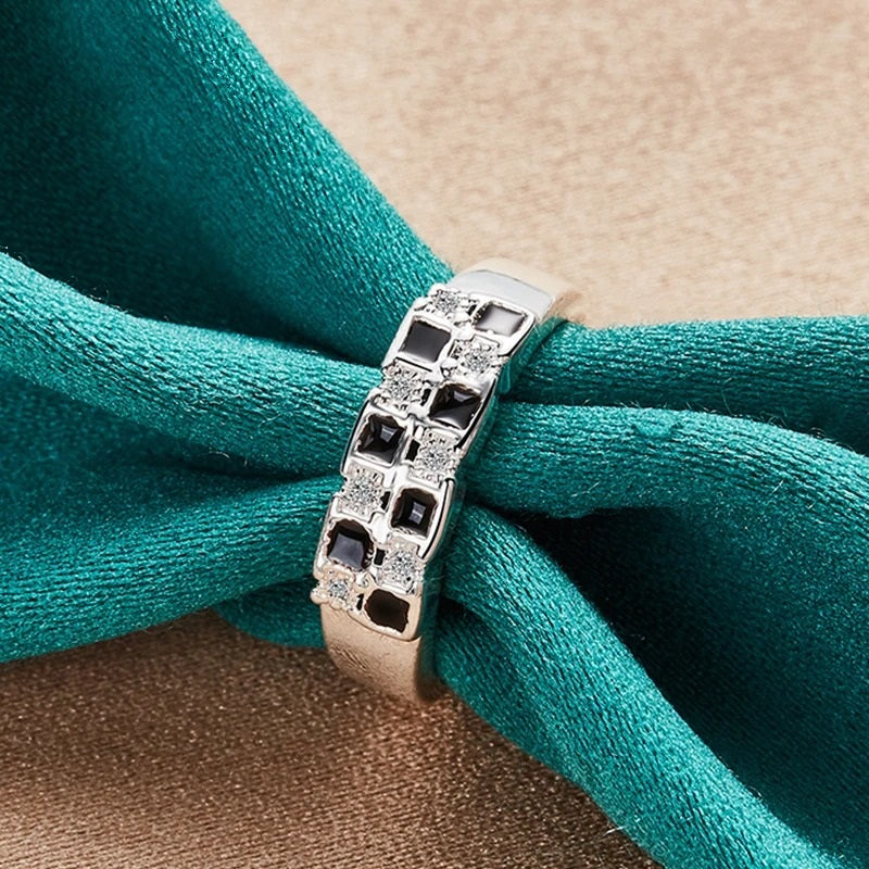 925 Sterling Silver Geometric Black Crystal Ring