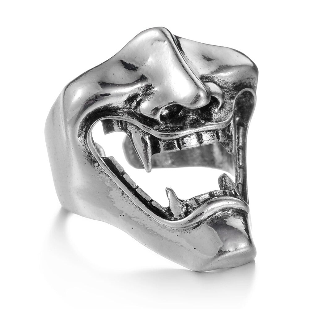 Men's Laughing Japanese Mask Open Mouth Silver Gothic Ring