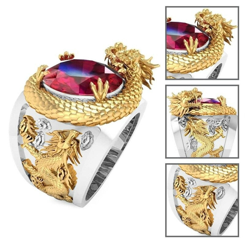 Golden Dragon Inlay Oval Red Crystal Punk Ring