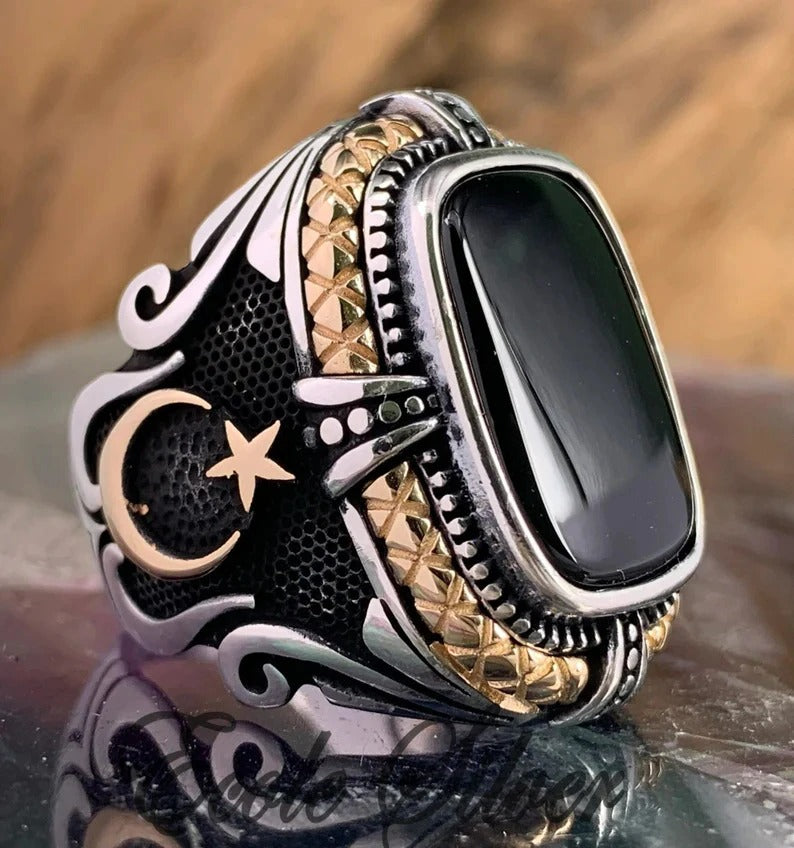 Men's Black Onyx Two Tone Moon Star Open Turkish Ottoman Ring