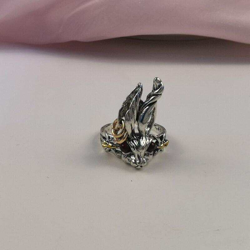 Retro Big Ear Rabbit Red Zircon Silver Open Animal Ring