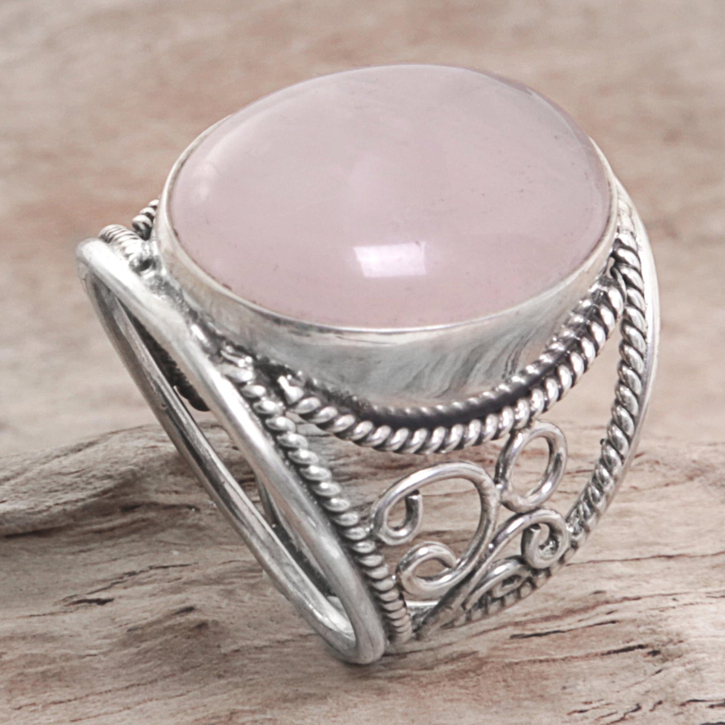 Vintage Pink Moonstone Swirl Motifs Antique Silver Ring