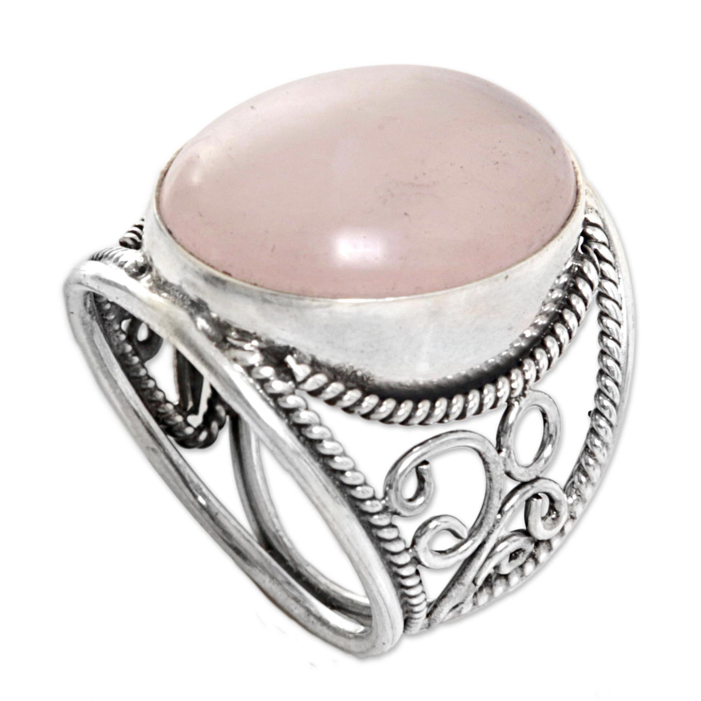 Vintage Pink Moonstone Swirl Motifs Antique Silver Ring