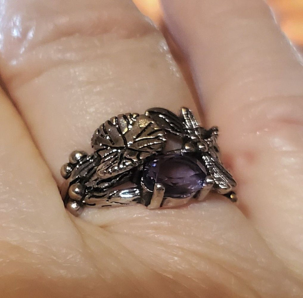 Retro Vintage Leaf Dragonfly Purple Crystal Silver Ring