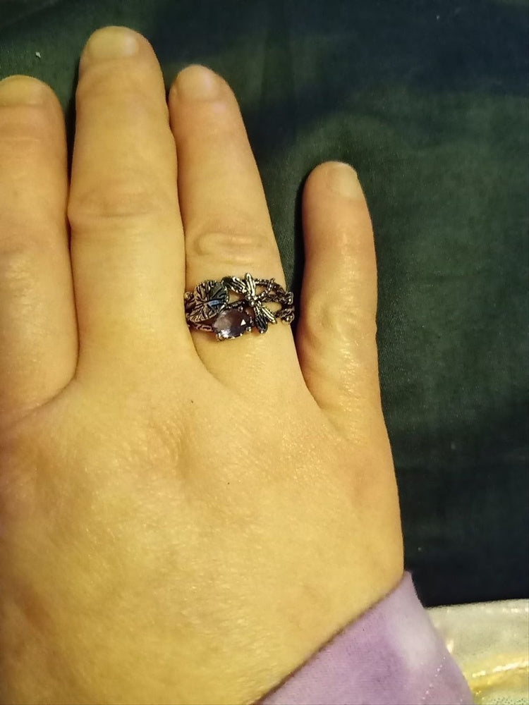 Retro Vintage Leaf Dragonfly Purple Crystal Silver Ring