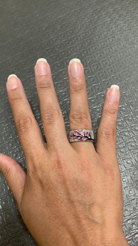925 Sterling Silver Fuchsia Pink Tree Branch Leaves Blossom Ring