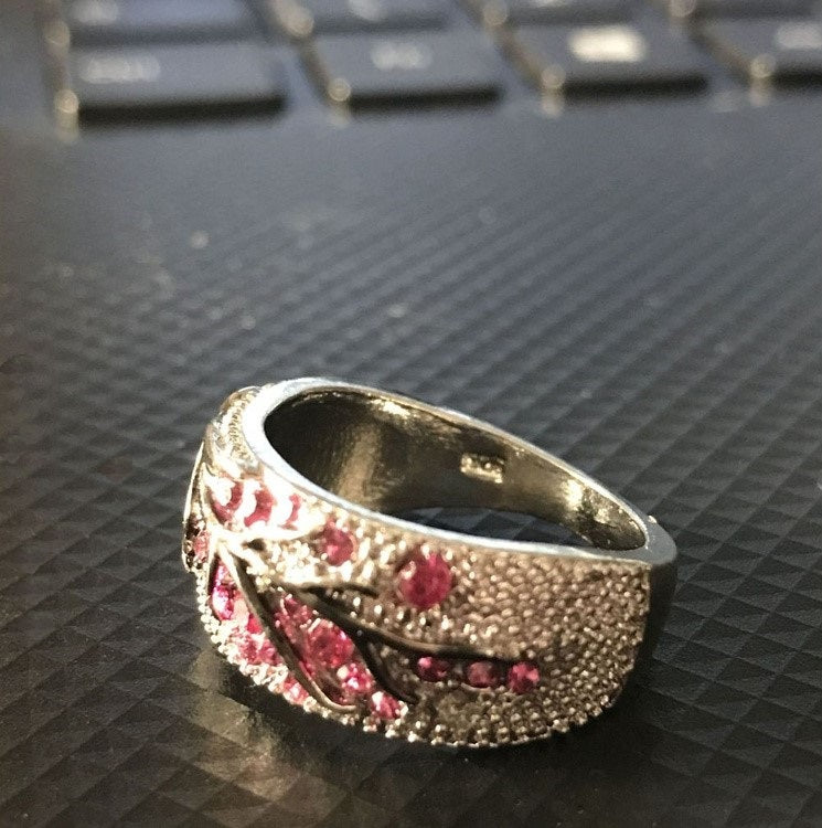 925 Sterling Silver Fuchsia Pink Tree Branch Leaves Blossom Ring