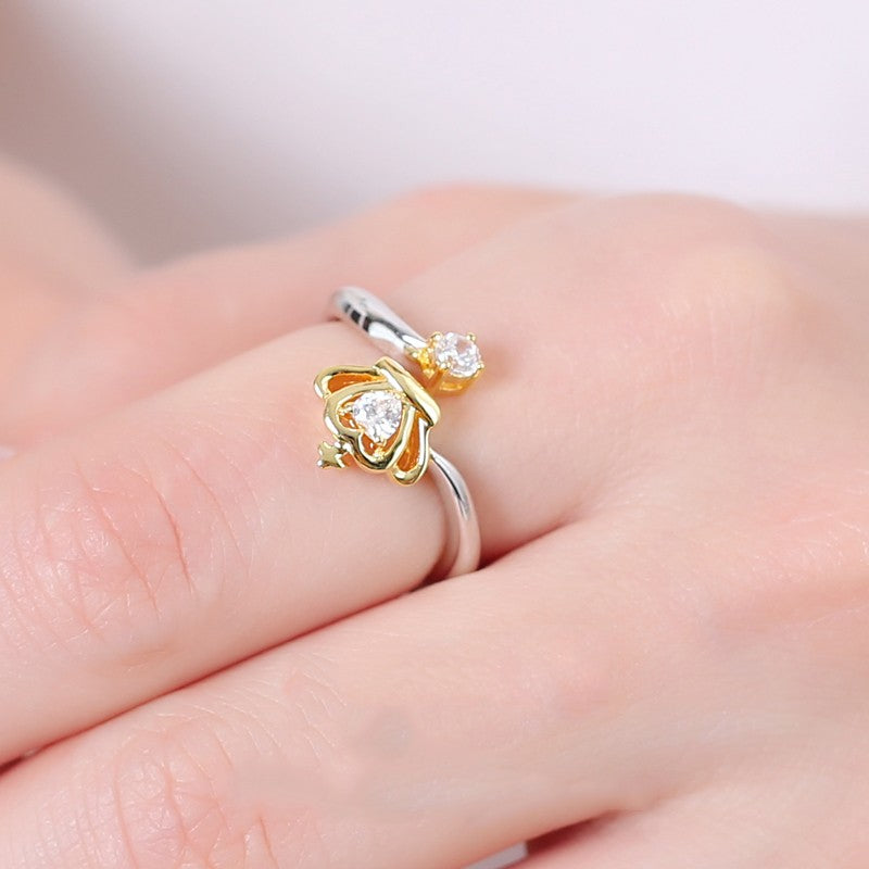 925 Sterling Silver Gold Queen Crown Open Ring