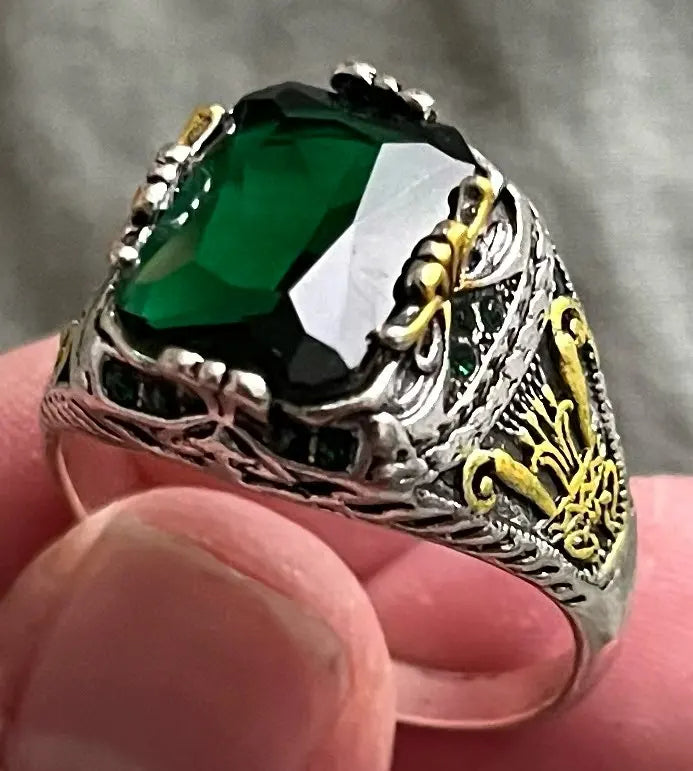 Men's Handmade Emerald Green Topaz Turkish Two Tone Ring