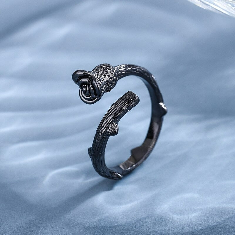 Elegant Gun Black Rose Flower Open Ring