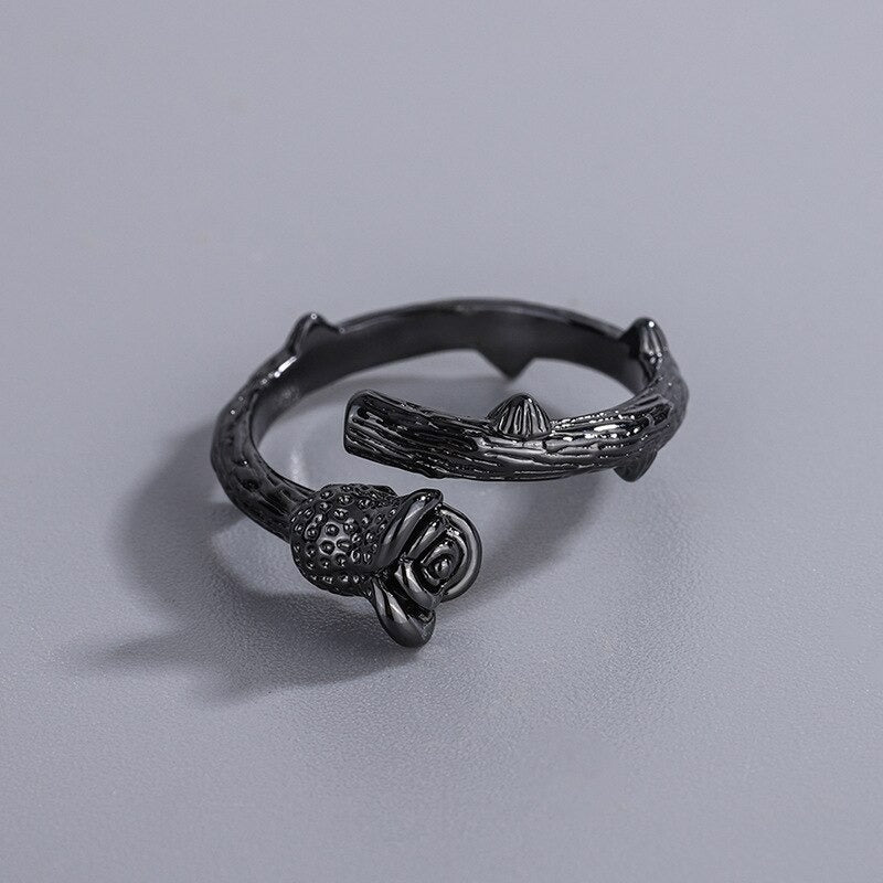 Elegant Gun Black Rose Flower Open Ring