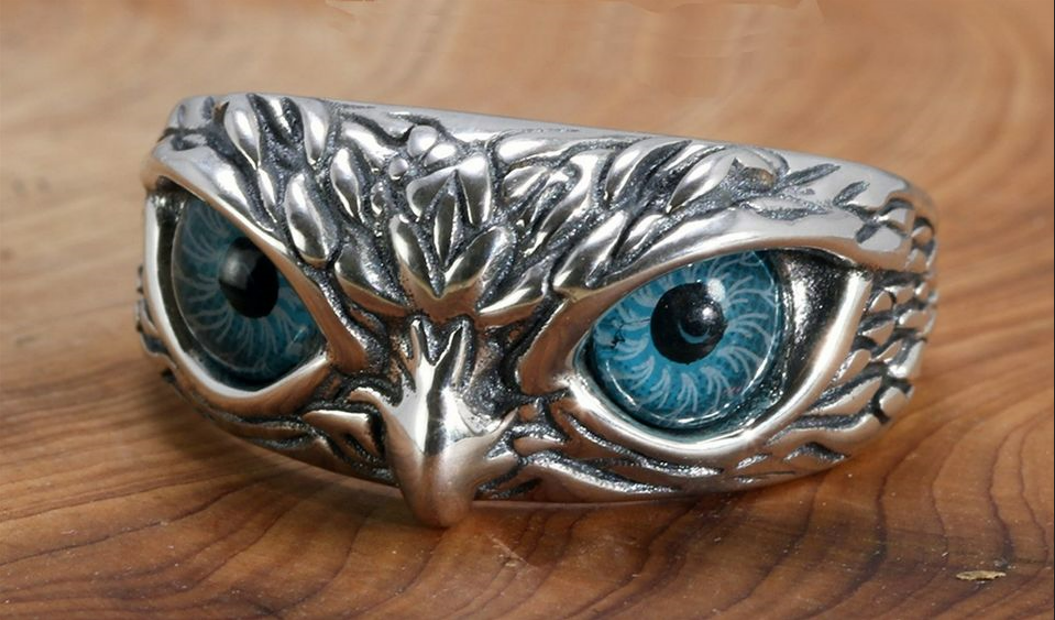 Glaring Nighthawk Eye Carved Silver Open Ring