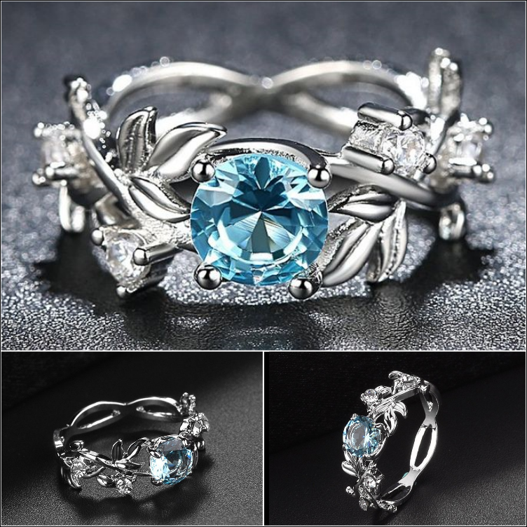Royal Sea Blue Rhinestone Hollow Tree Vine Leaf Silver Ring