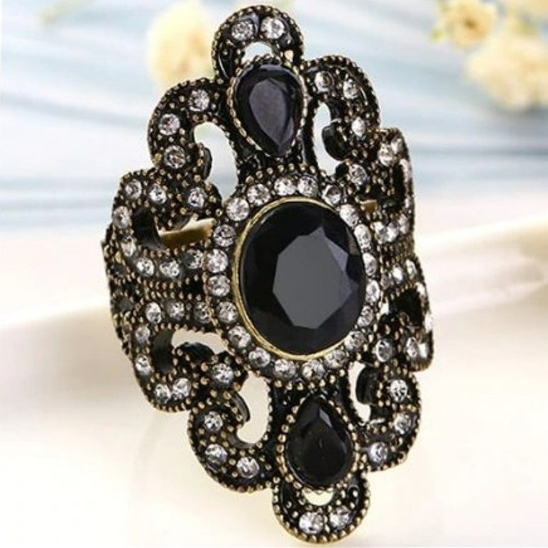 Vintage Bohemian Black Resin Turkish Gold Ethnic Ring