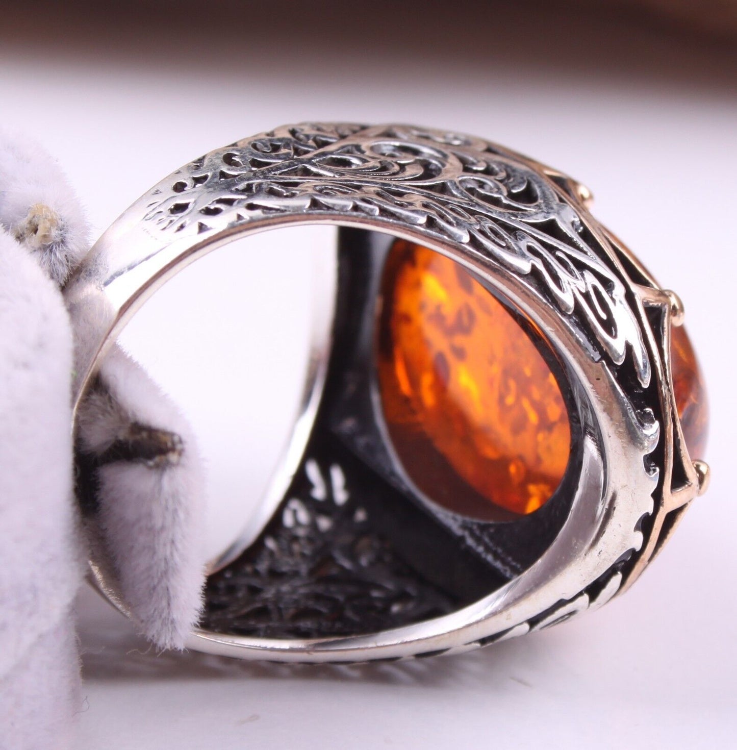 Men's Vintage Red Amber Hollow Silver Turkish Ring