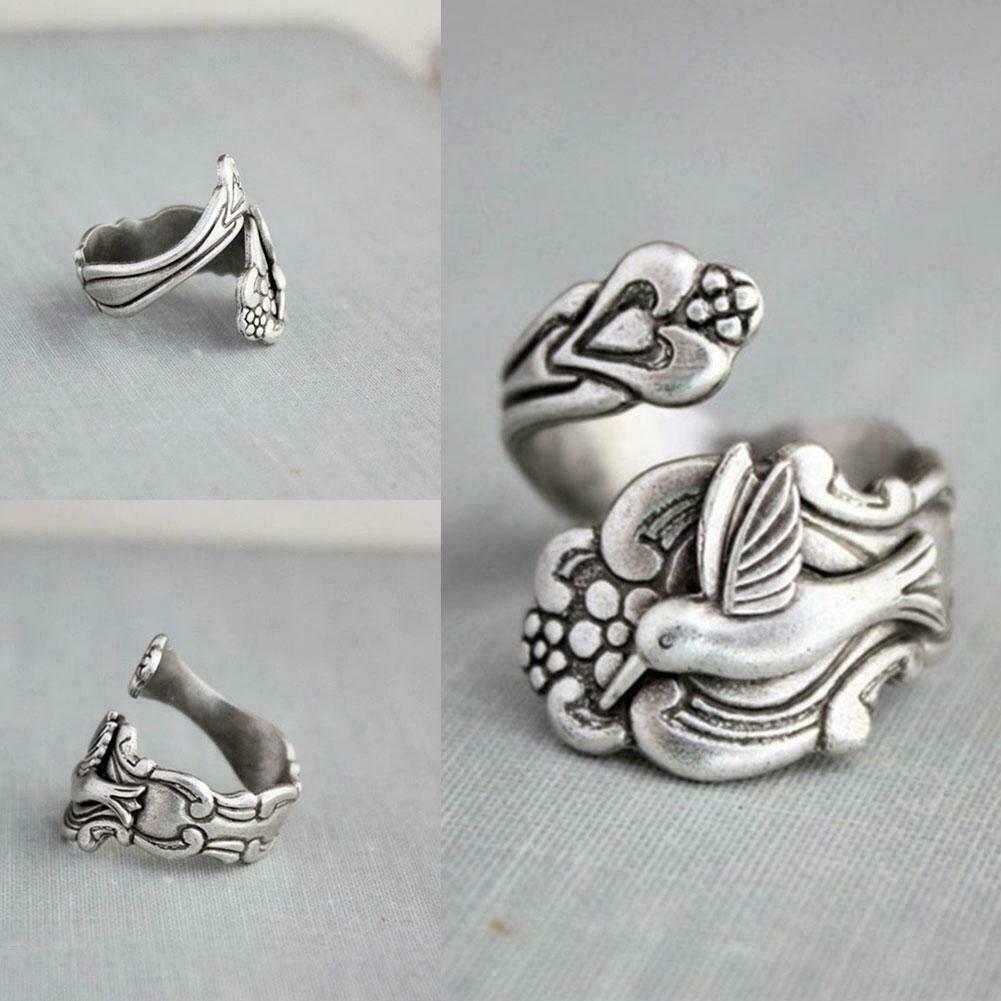 Retro Open Hummingbird Spoon Silver Floral Bird Ring