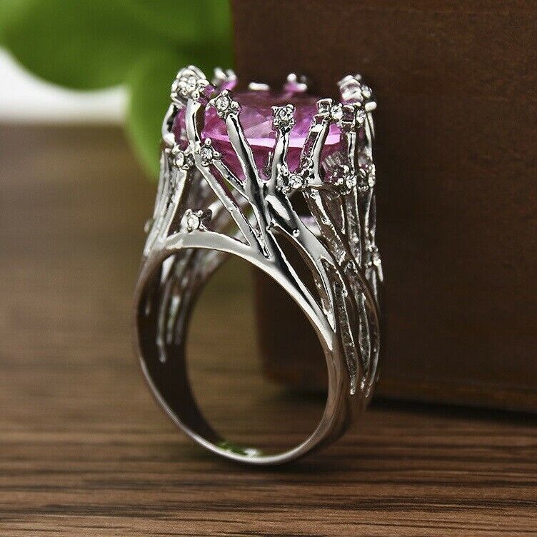Huge Inlaid Pink Topaz Exaggerated Hollow Branch Ring